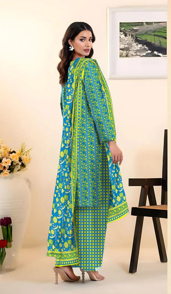 Unstiched Green Printed Lawn Suit with Blue Dupatta for Women