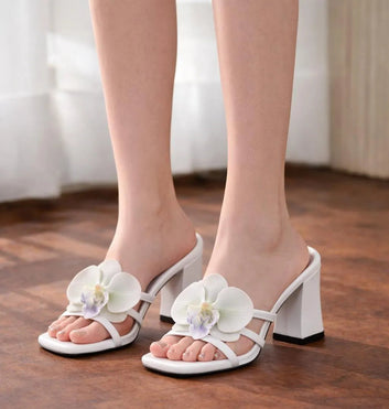 White Floral Block Heels for Women, Premium Rexine, 6 Sizes